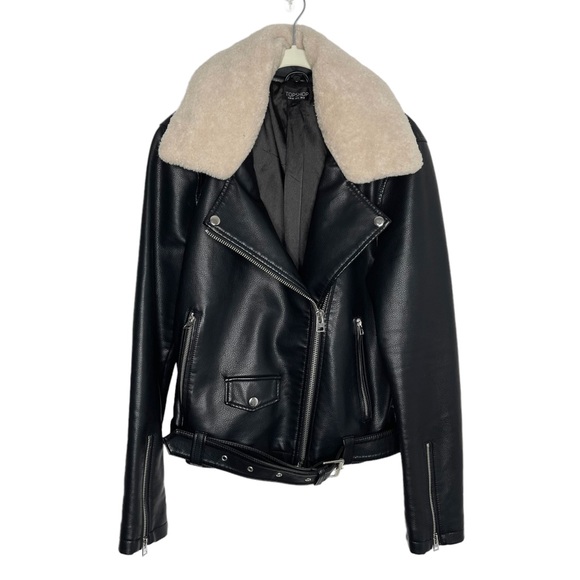 Topshop Jackets & Blazers - TOPSHOP Faux Leather Shearling Biker Jacket 8 LIKE NEW Black Belted Zipper